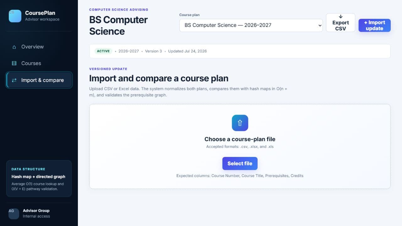 CoursePlan CSV and Excel import interface with required column guidance