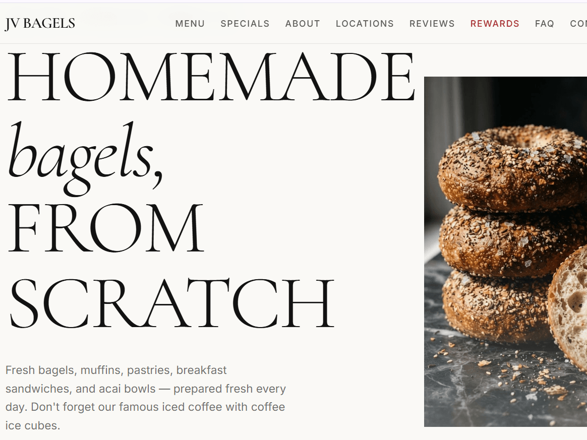 JV Bagels redesigned homepage with editorial typography and an online ordering call to action