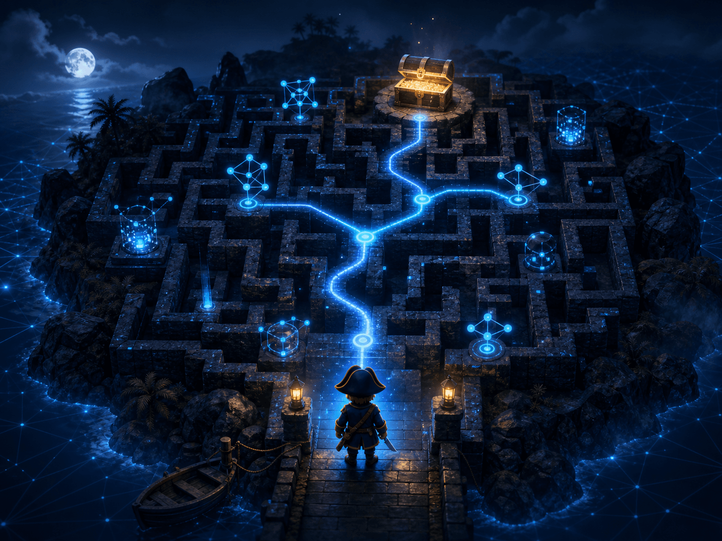 Pirate intelligent agent following a glowing decision path through an island maze toward treasure