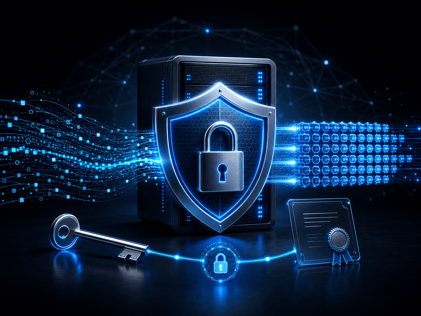 Blue security shield protecting a server as encrypted data passes through it