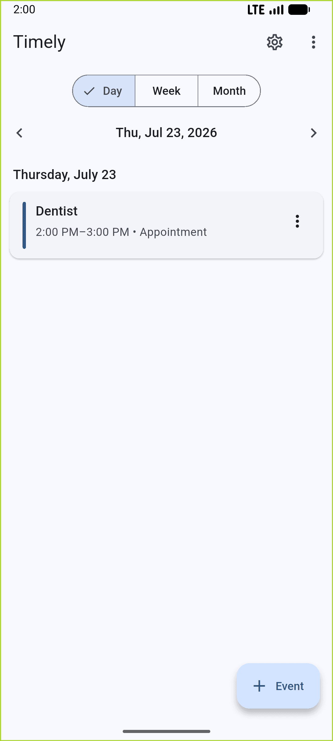 Timely daily event grid showing an upcoming appointment