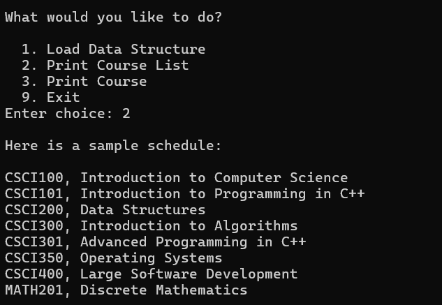 Command-line output showing a sorted list of computer science courses