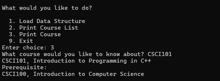 Command-line lookup showing CSCI101 and its CSCI100 prerequisite