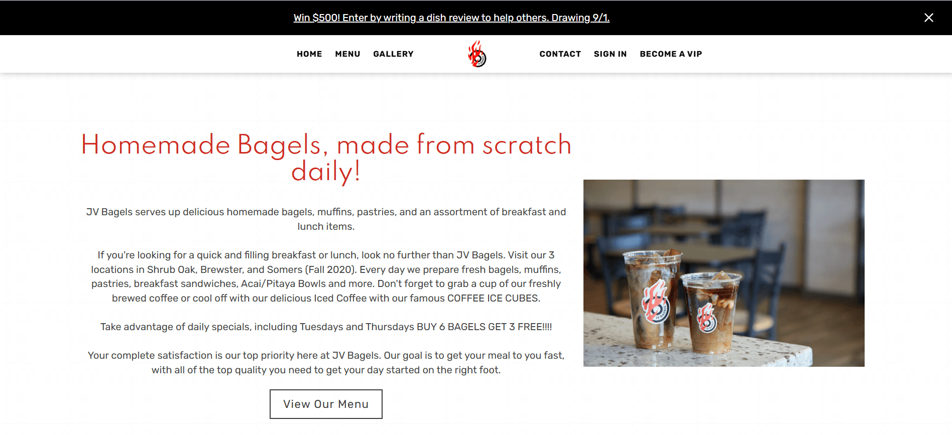 Original JV Bagels homepage with a large bagel photo, logo, and introductory text