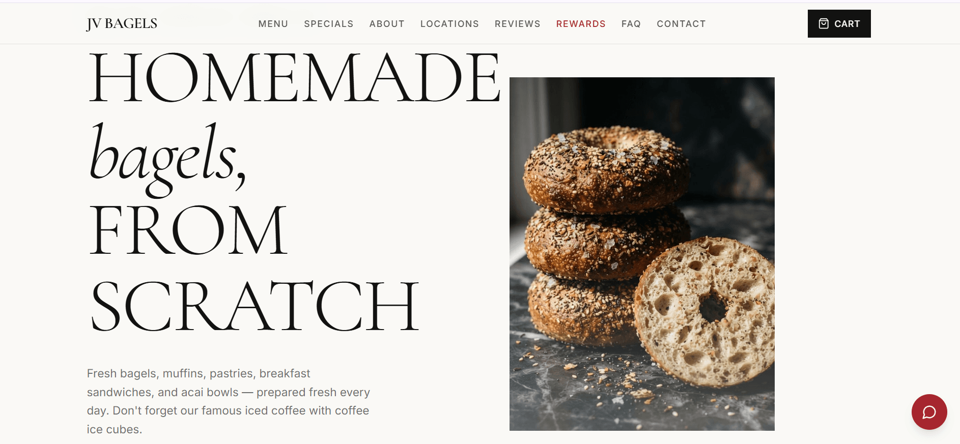 Redesigned JV Bagels homepage with editorial typography, order button, and modern navigation