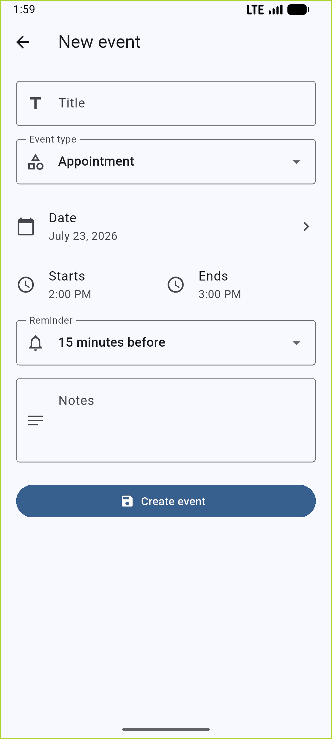 Timely new event screen with title, event type, date, time, reminder, and notes fields