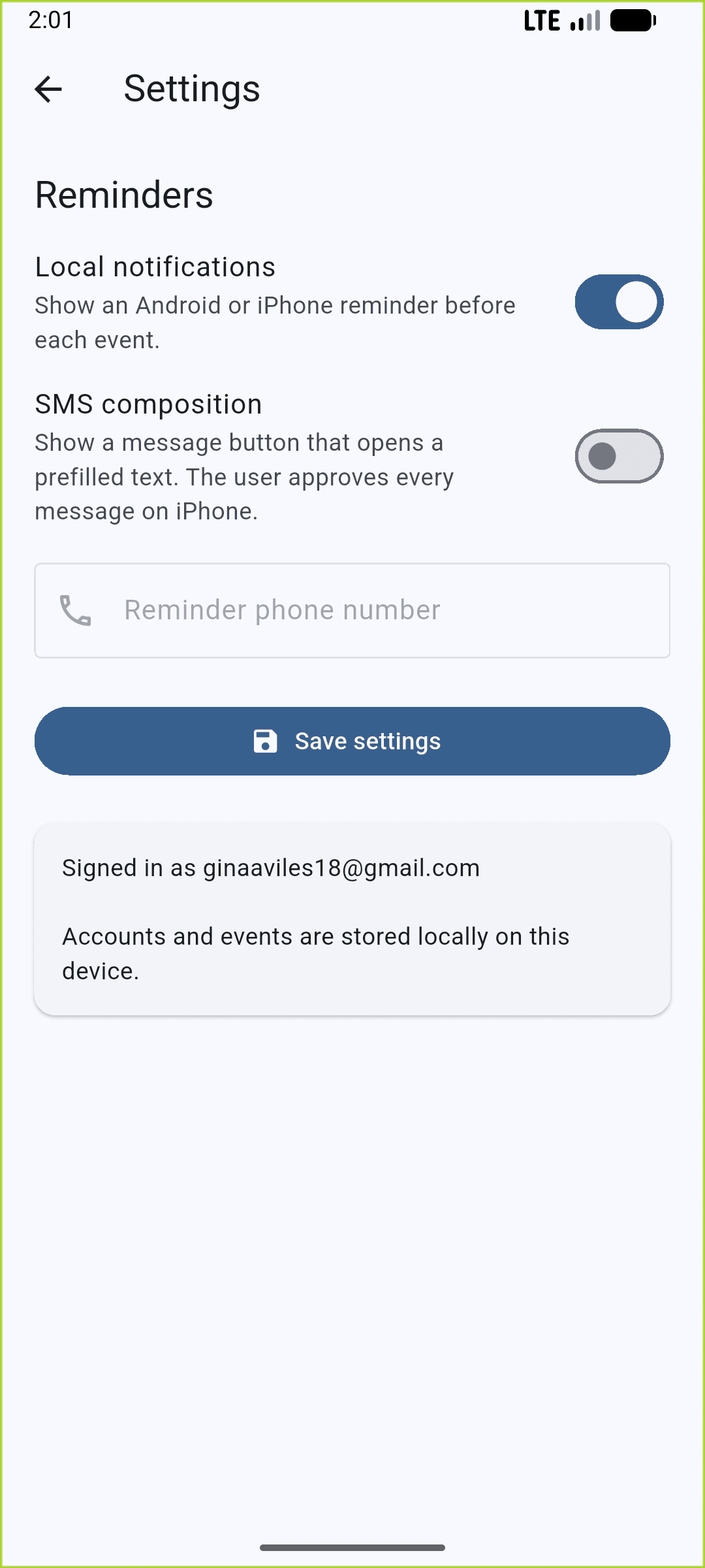 Timely settings screen with local notification and SMS reminder controls