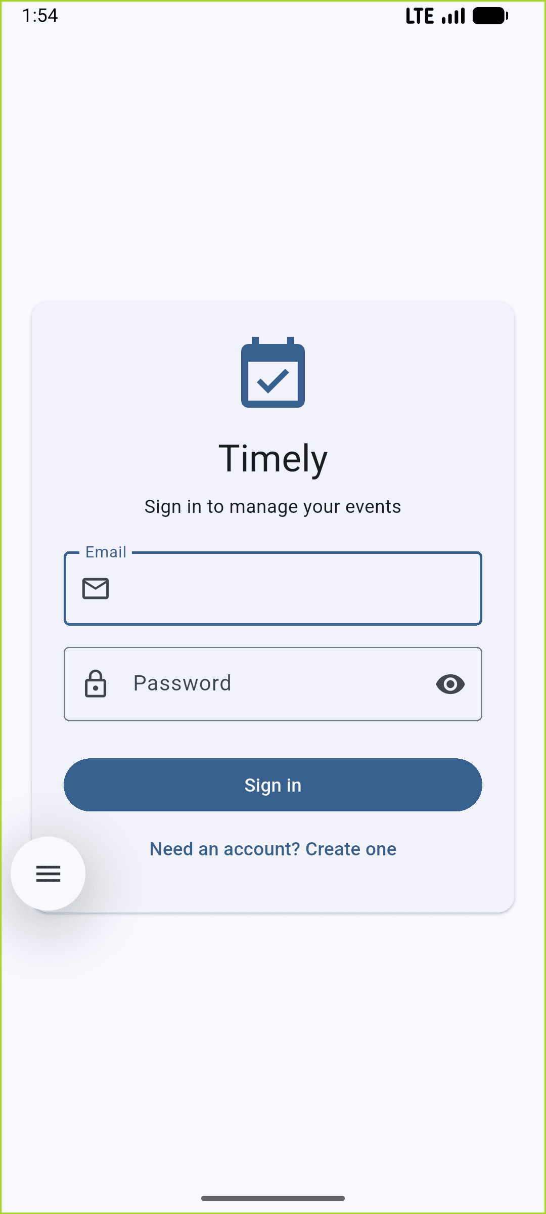 Timely mobile app sign-in screen with email and password fields