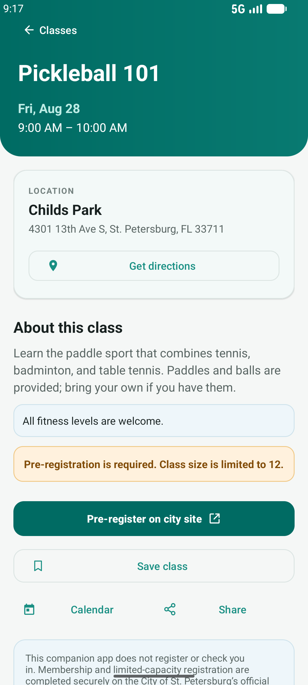 Pickleball class details with official pre-registration notice