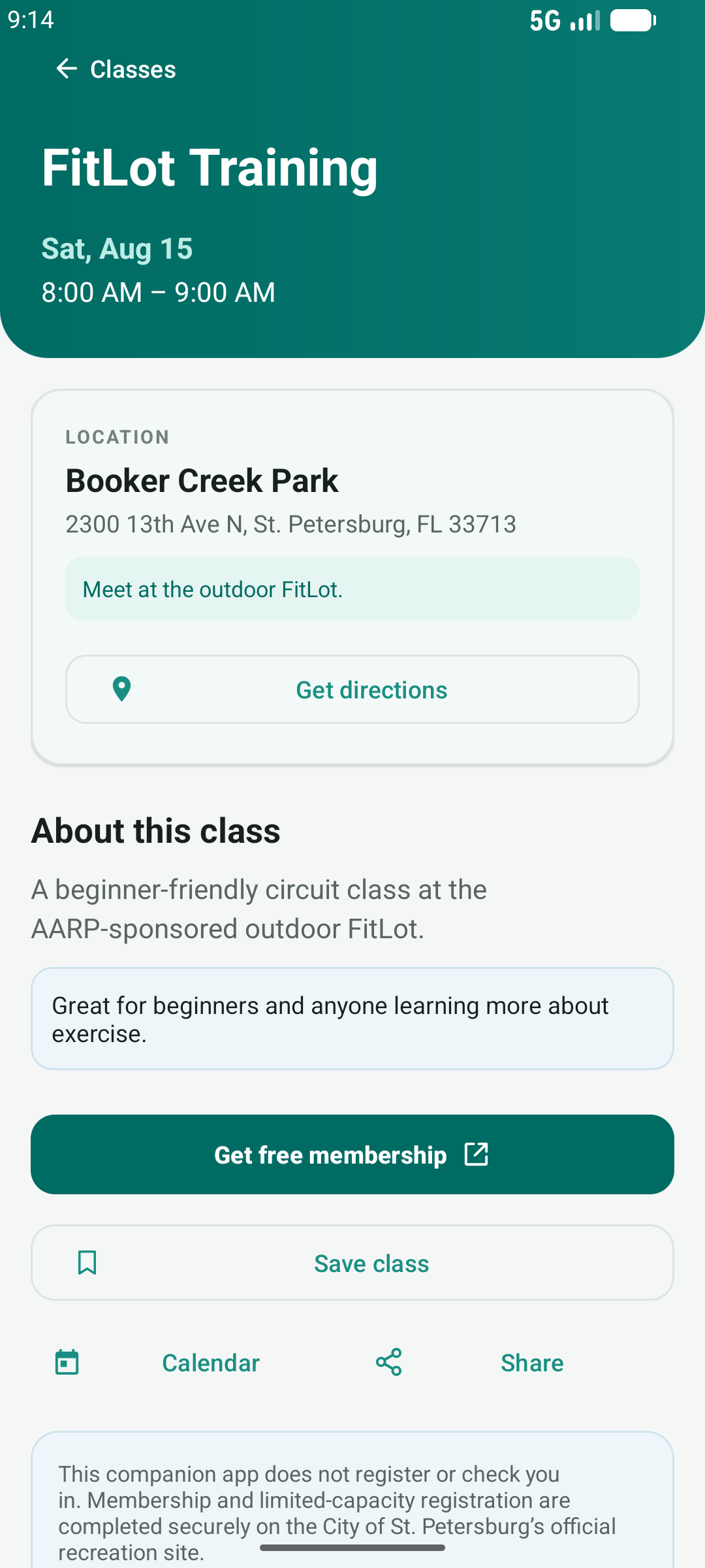FitLot Training class details with location and resident actions