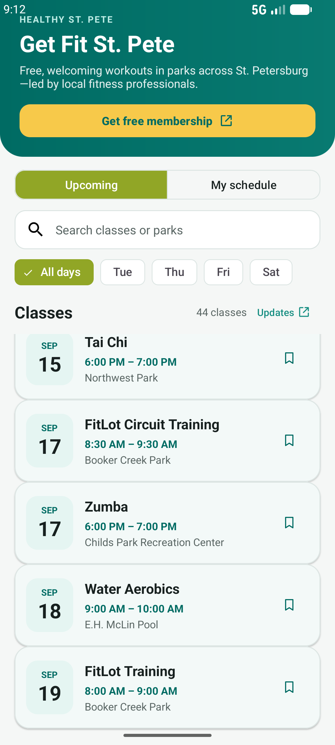 Get Fit St. Pete mobile app showing upcoming community fitness classes