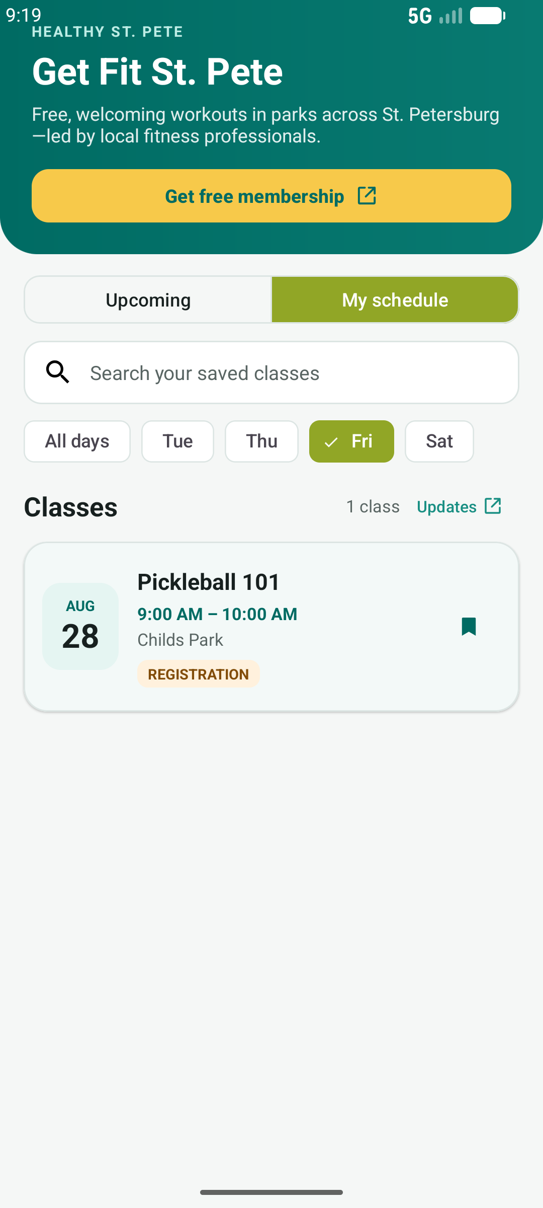 Get Fit St. Pete My Schedule screen with a saved Pickleball class